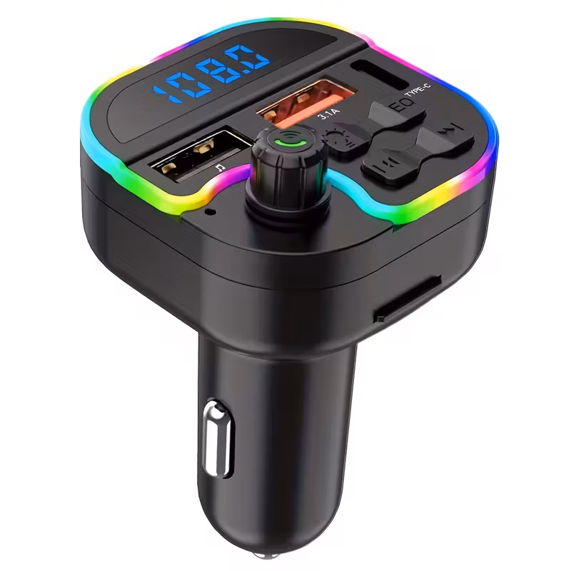 Imagen 1 de Transmisor FM Bluetooth M53 para coche con doble USB y puerto Tipo-C, lector de tarjeta TF e iluminación ambiental - Negro