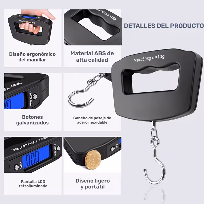 Imagen 3 de Báscula Digital Colgante Portátil 50 kg / 110 lb con Pantalla LCD y Gancho de Alta Resistencia