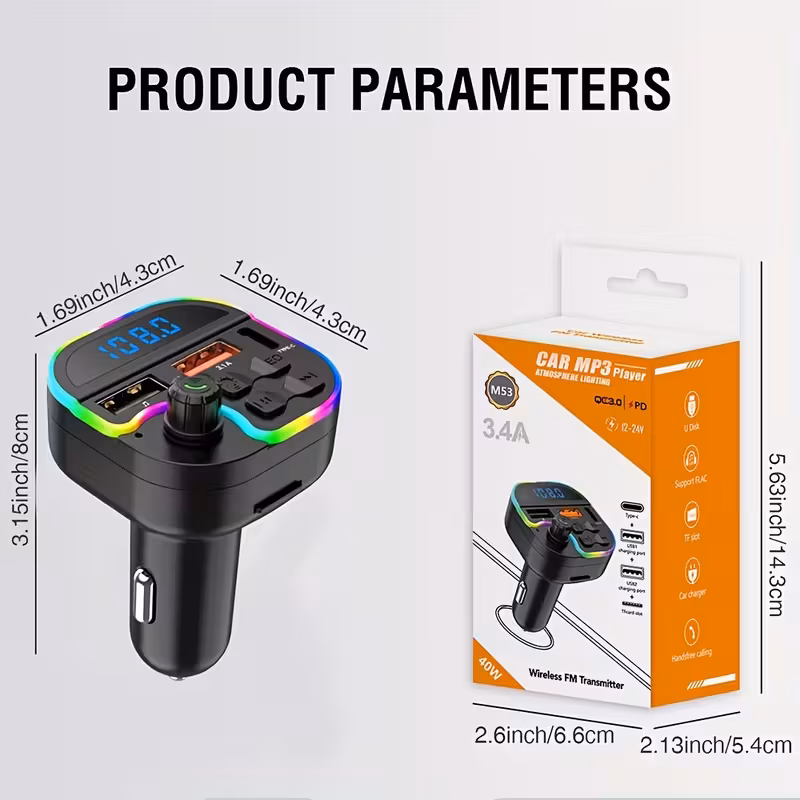 Imagen 1 de Transmisor FM Bluetooth M53 para coche con doble USB y puerto Tipo-C