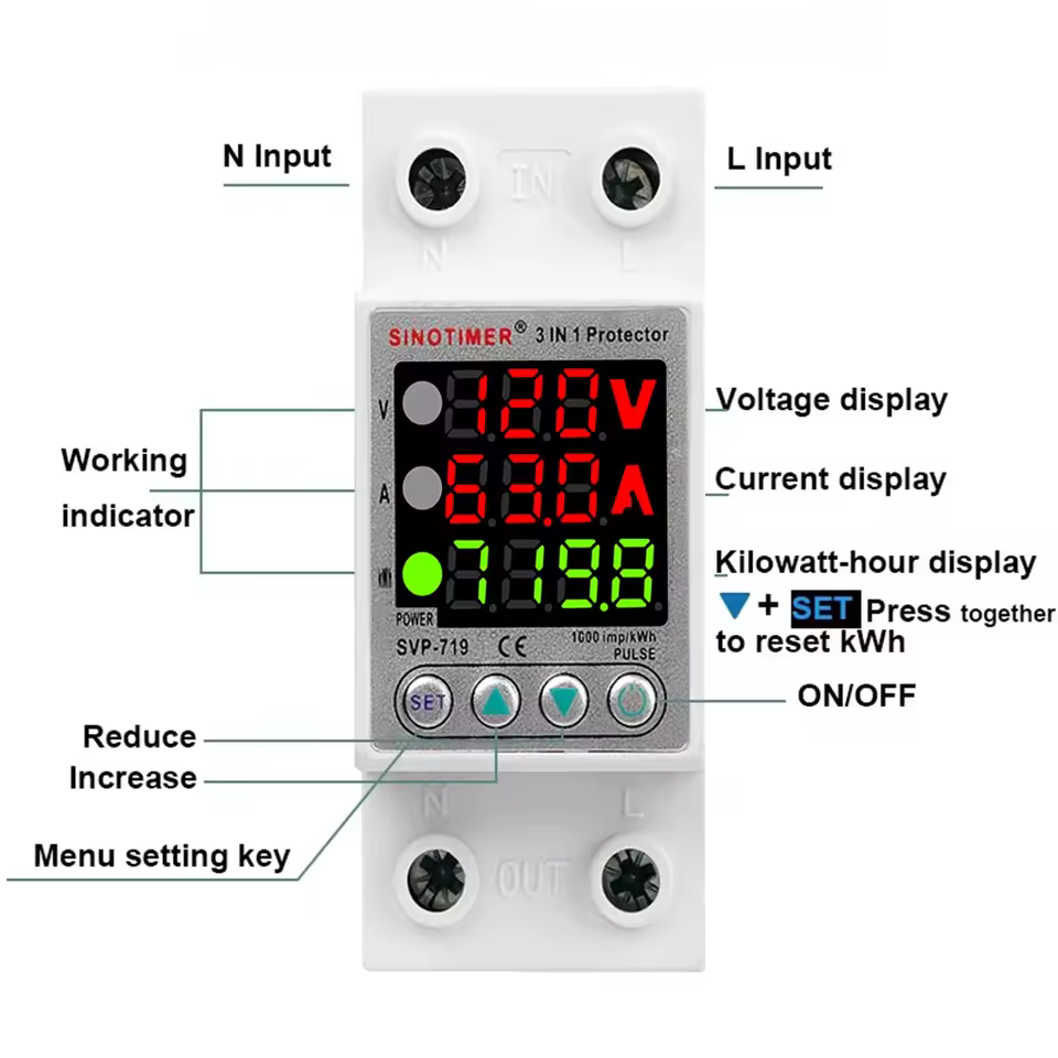 Imagen 3 de Protector de Voltaje y Corriente DIN Rail con Medidor kWh y Recuperación Automática